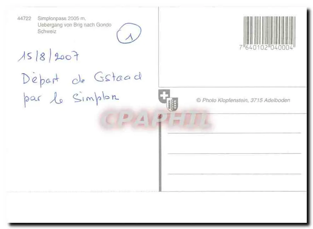 Simplonpass — colar de montanhas e vilas — n°44722 - Verso