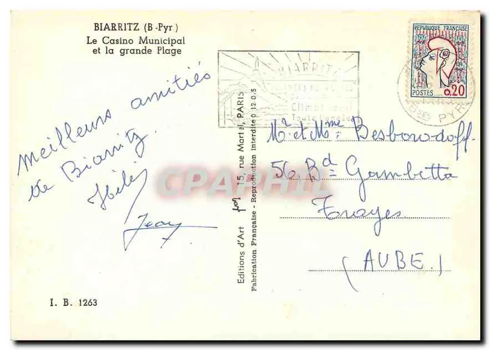 Biarritz — Das Municipale Casino und der Große Strand — Editions d'Art, Nr. I.B. 1263 - Rückseite