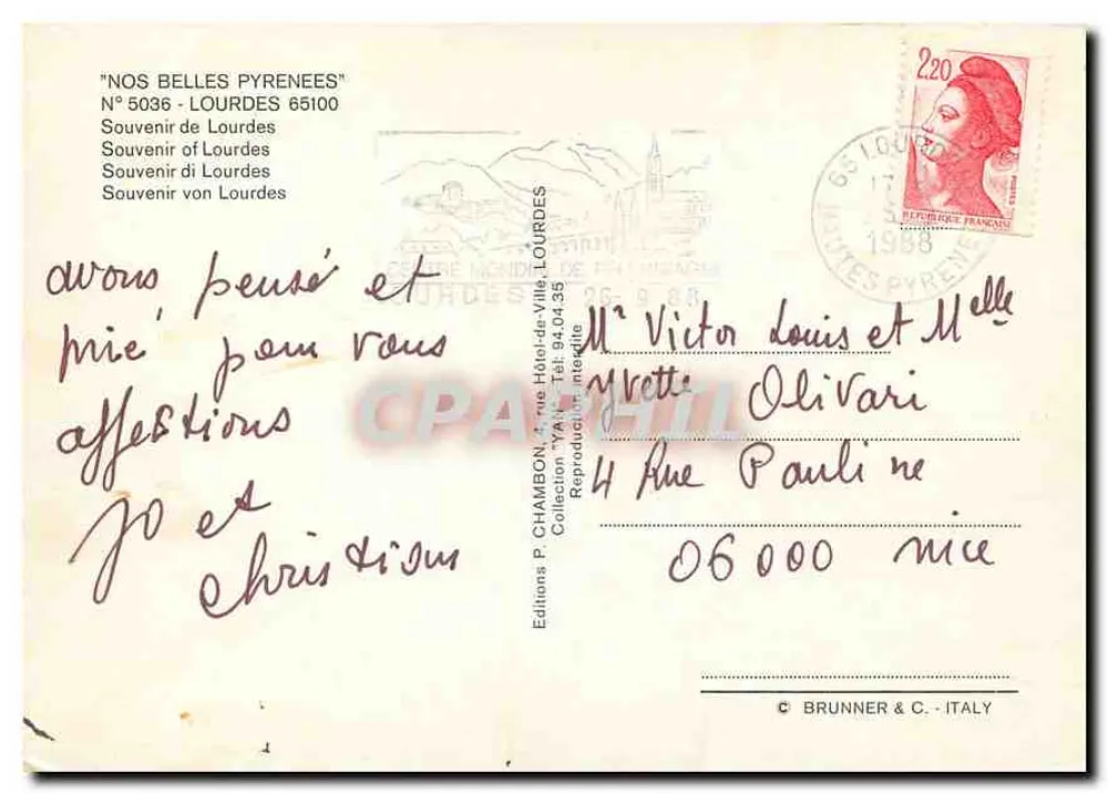 Lourdes — Lembrete de Lourdes — Edições P. Chambon - Verso