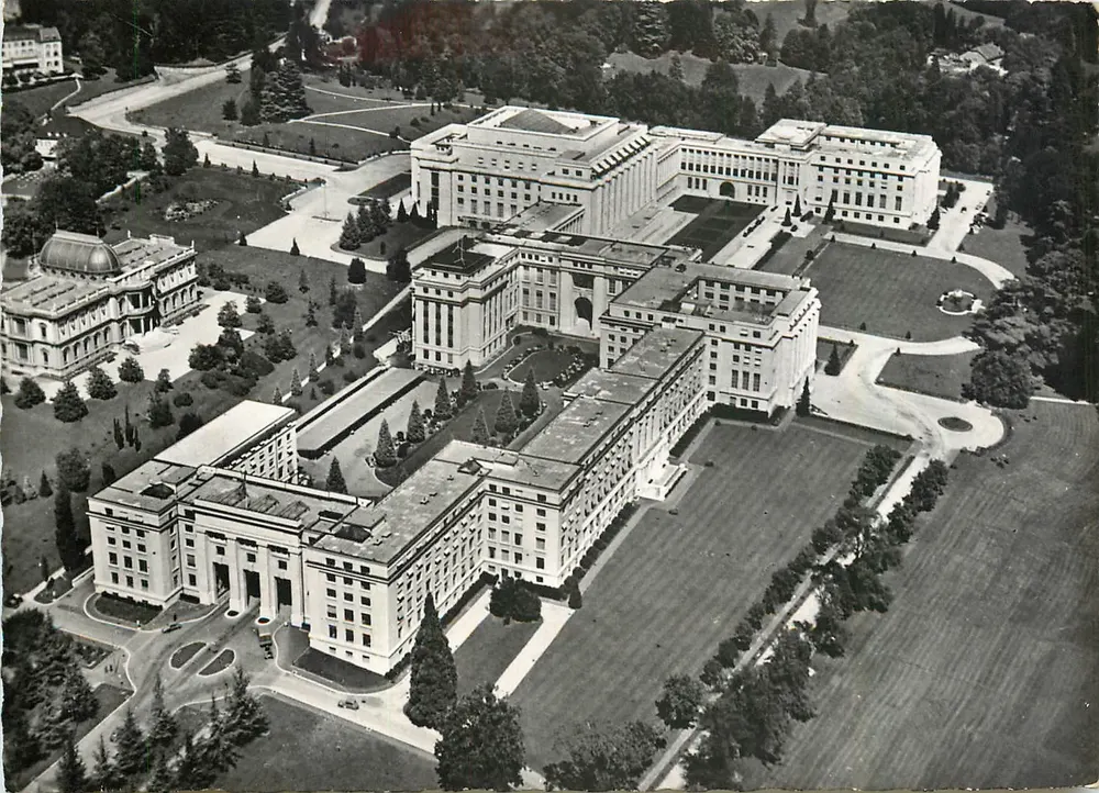 Genebra — Palácio das Nações — Vista aérea — Fabricação Suíça - Frente