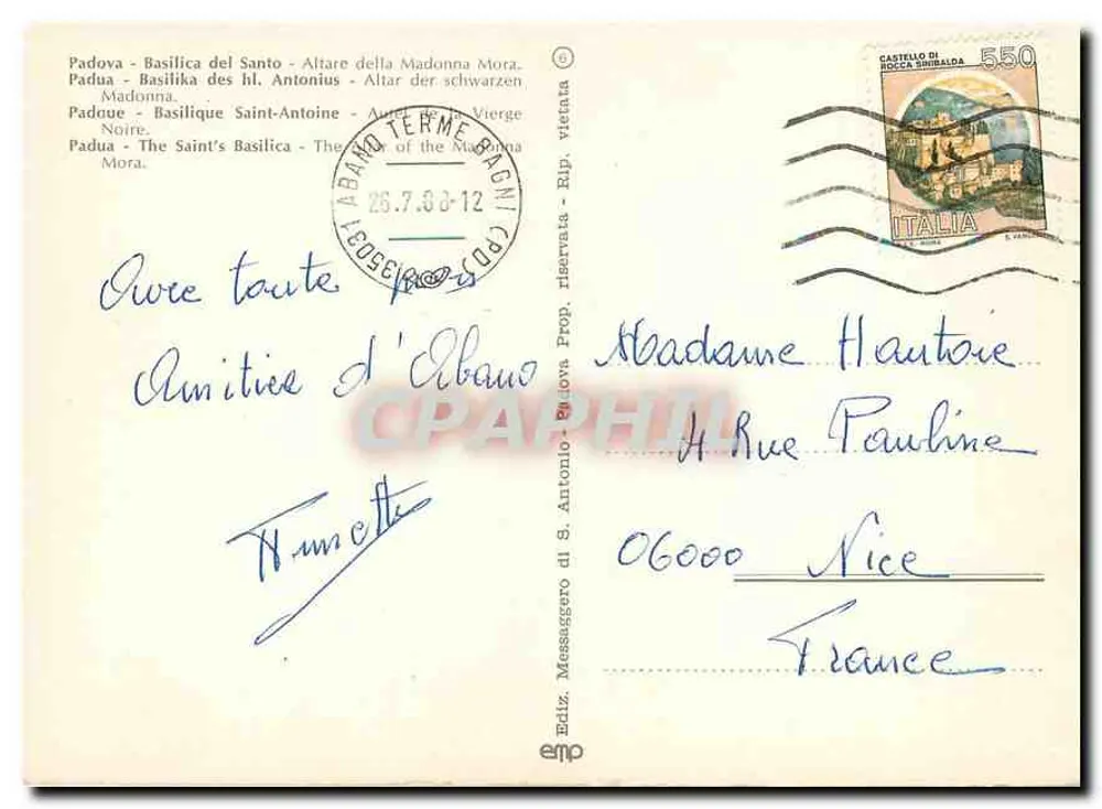 Padoue - Basilique Saint-Antoine - Altar de la Madonna Nera — Éditeur EMP, n° 43 - Verso