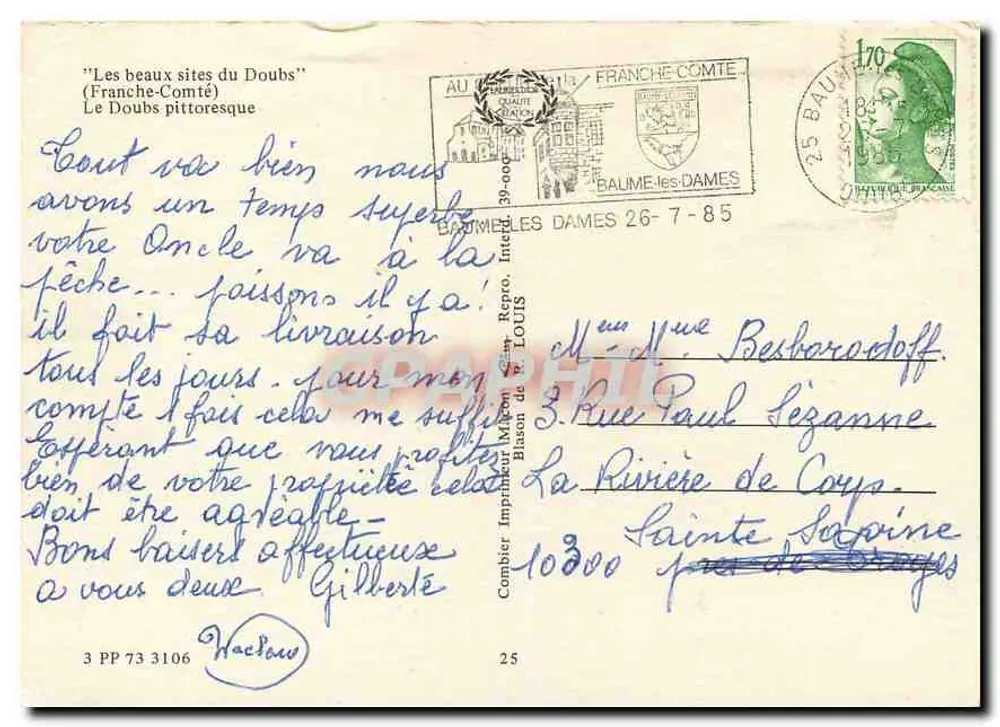 O Doubs pitoresco — Carta postal turística — Impressora de Baume-les-Dames - Verso
