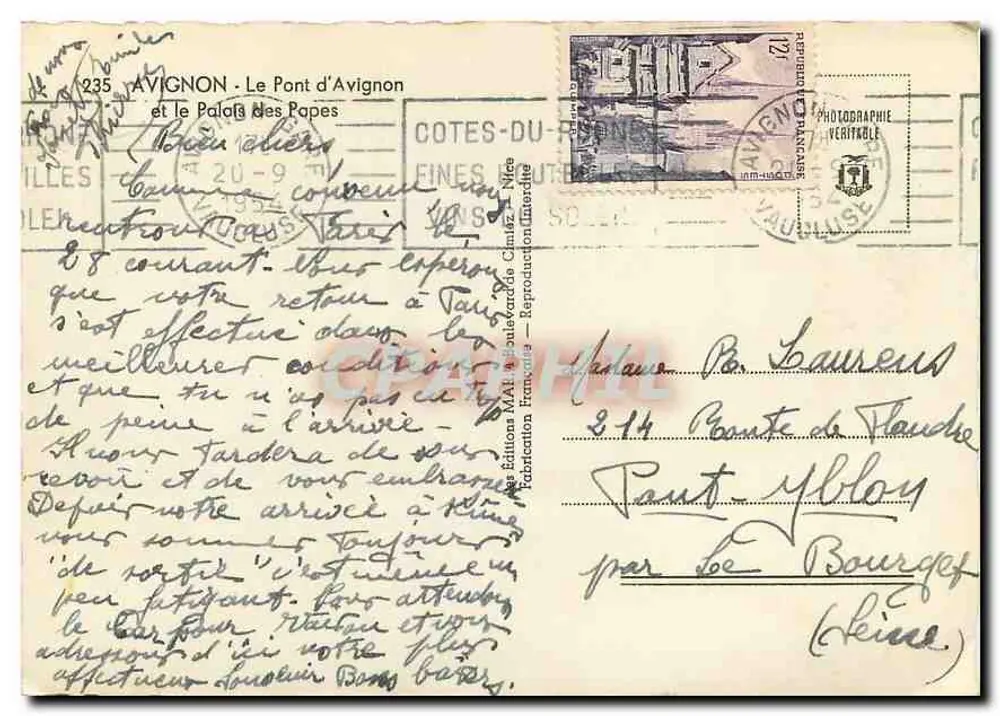 Avignon — Le Pont d'Avignon et le Palais des Papes — Éditions M.A.I. Boileau & Cie - Verso