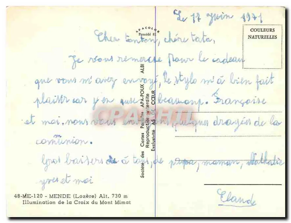 Beleuchtete Kreuzung des Mont Mimat — Mende (Lozère) — A.P.A.-POUX Ansichtskarten-Gesellschaft - Rückseite