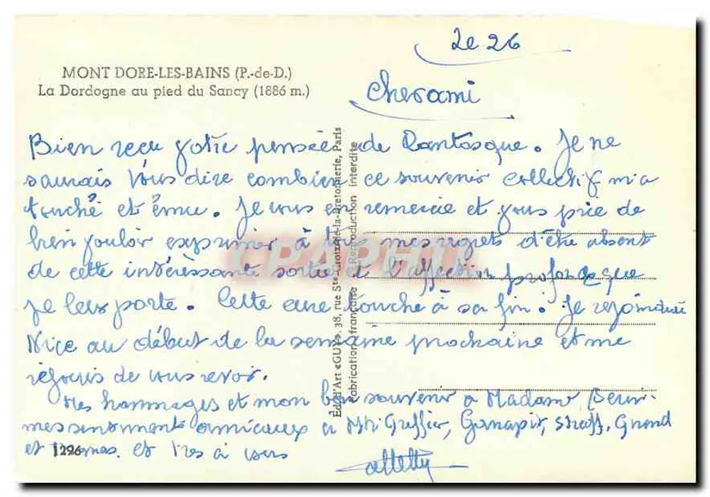 Mont-Dore-les-Bains — Die Dordogne am Fuße des Sancy (1886 m) — Verlag Art « GUY » 38, Rue St-Lambert-la-Gretoire, Paris - Rückseite