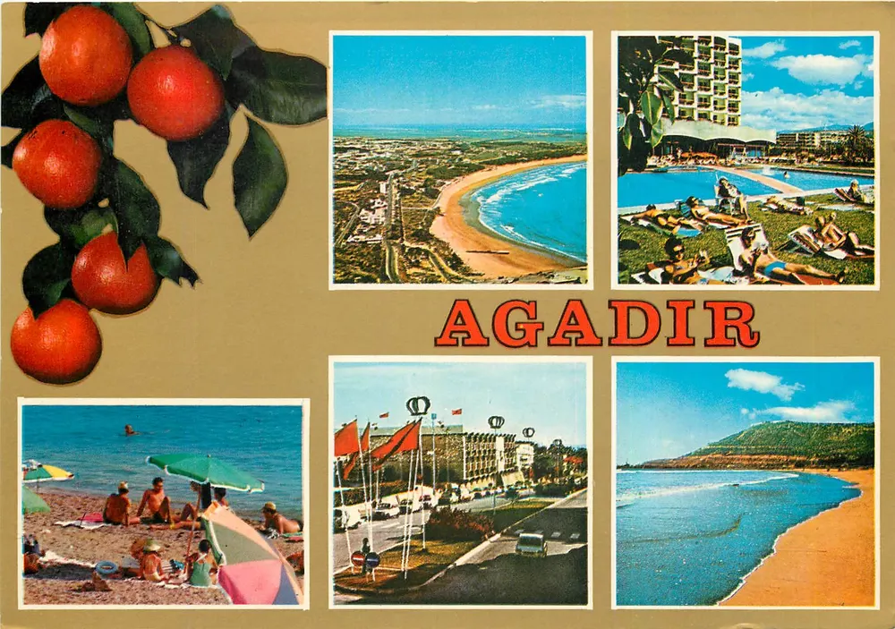 Agadir — vista panorâmica, praia, hotel e laranjas — editor ITAHECOLOR - Frente