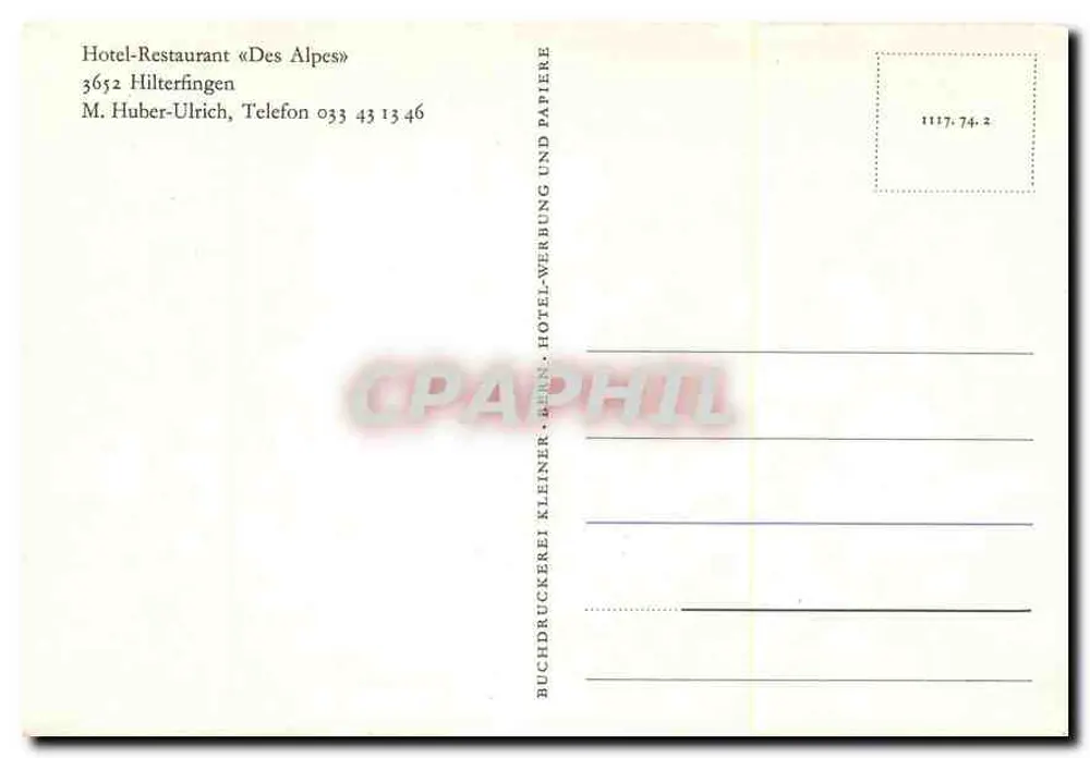 Hôtel-Restaurant «Des Alpes» — Hilterfingen — Buchdruckerei Kleinern, Bern - Verso