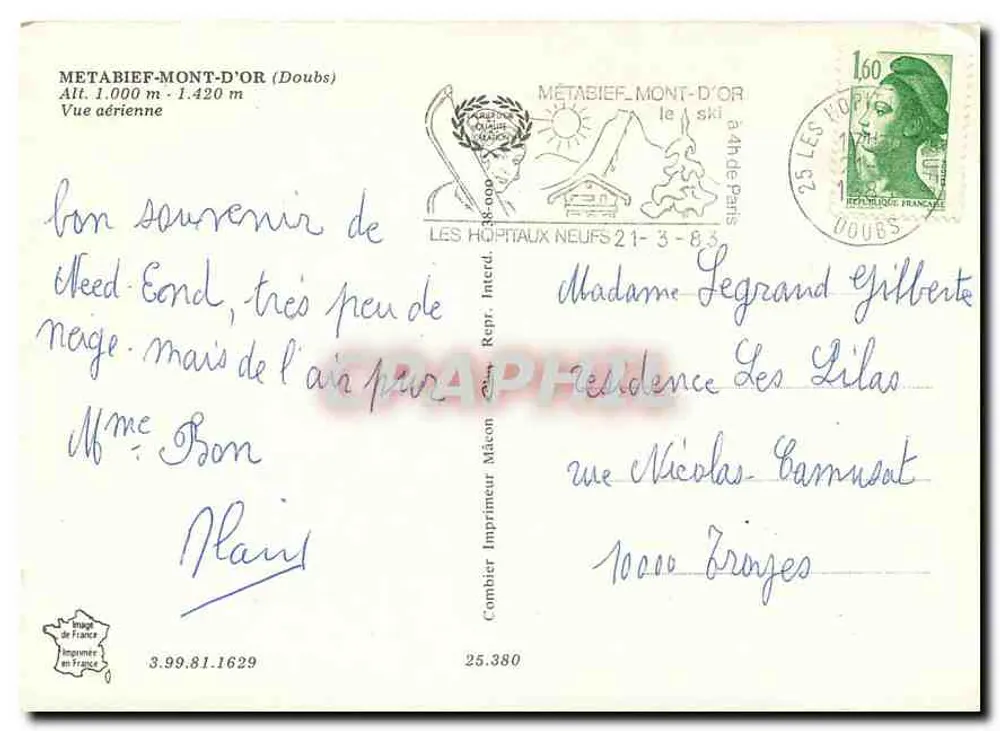 Métabief-Mont-d'Or — Luftbild — Les Hôpitaux Neufs — Drucker Combier - Rückseite
