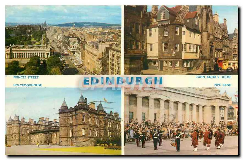 Edinburgh — Princes Street, Holyroodhouse, John Knox's House, Pipe Band — Dennis Productions E.0280 - Recto