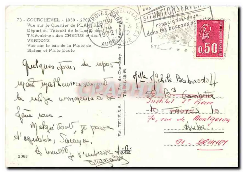 Courchevel — Vue sur le Quartier de Plantrey — Ed. TELE TELE S.A. n°2068 - Verso