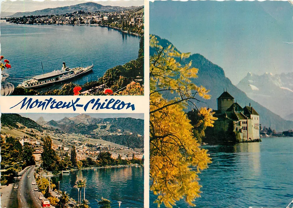 Montreux-Chillon — vista do lago, do castelo e da cidade — Edições Jaeger, n°204 - Frente