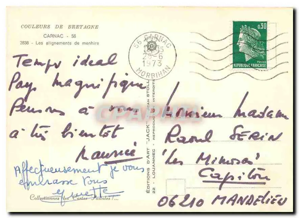 Carnac — Alinhamentos de menires — Edições d'Art 'Jack' - Verso
