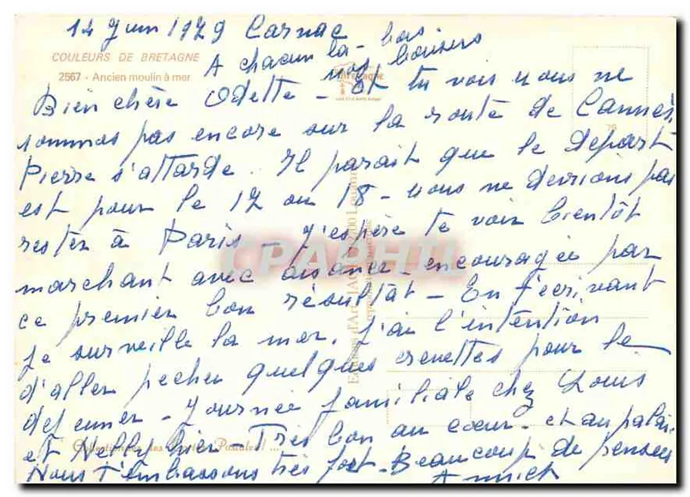 Moinho a água em Carnac - Côtes-d'Armor — editor Jaek, n° 2557 - Verso