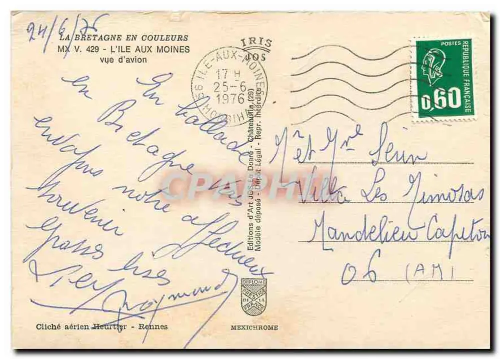 L'Île aux Moines — vue d'aviion — Éditions d'Art N.C. de Dord — MX V. 429 - Rückseite