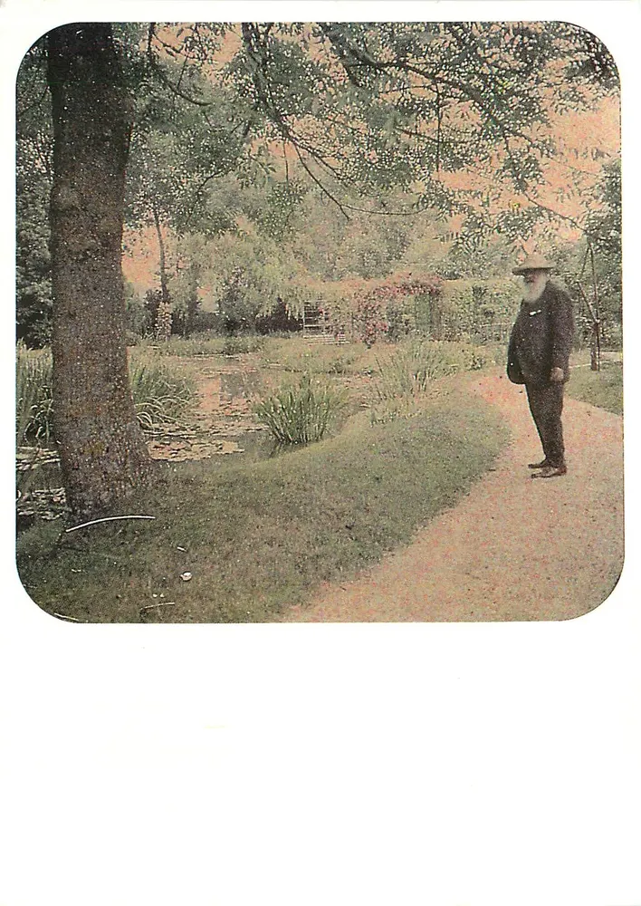 Claude Monet vor dem Seerosenteich — in Giverny, um 1920 — Autochrome stereoskopisch, Étienne Clémentel - Vorderseite