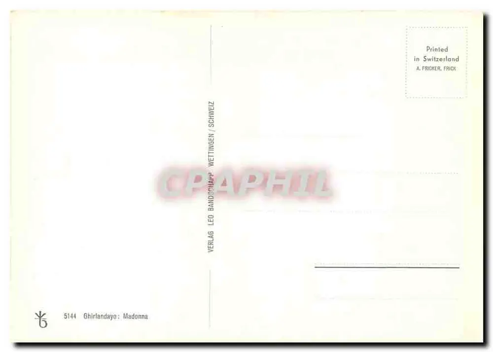 Madonna — representação religiosa — VERLAG LEO FRICKER, WETTINGEN / SCHWEIZ, n° 5144 - Verso