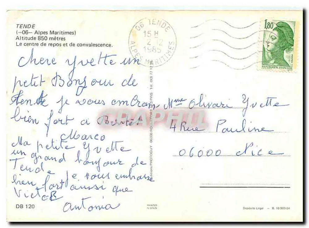 Centre de repos et de convalescence de Tende — Alpes-Maritimes — éditeur Photographe DB 120 - Verso