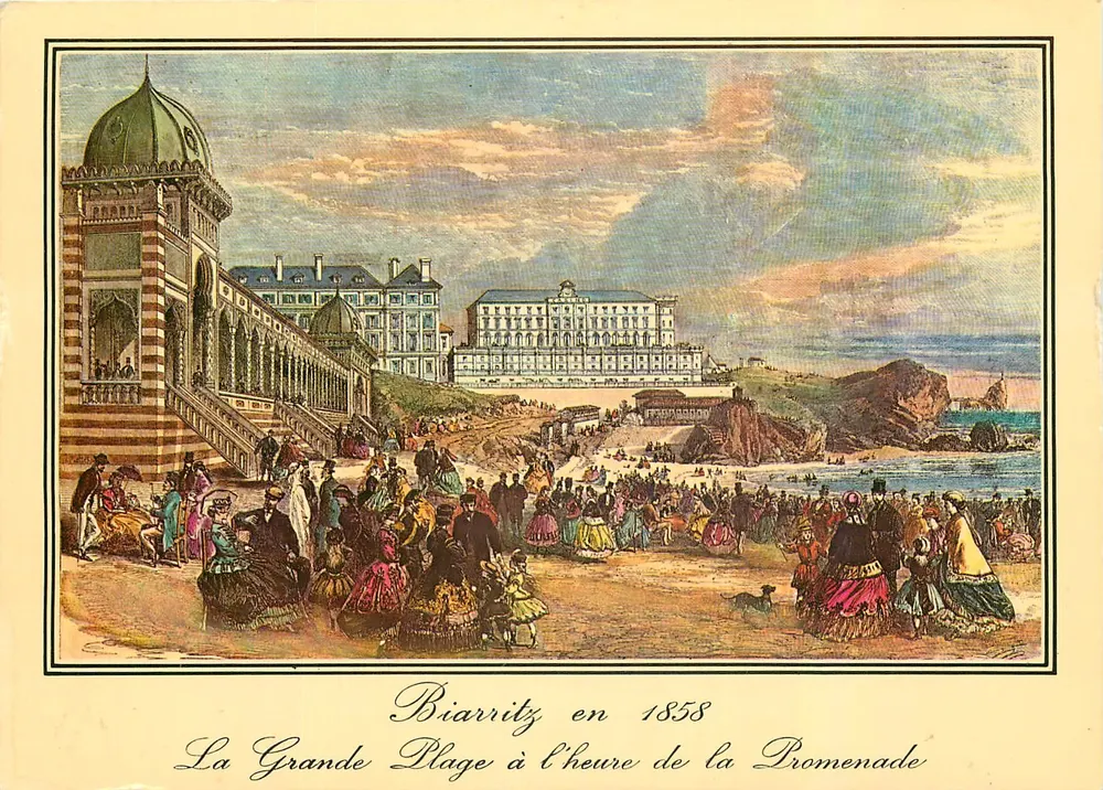 Biarritz 1858 — Ansicht der Grande Plage während der Promenade — Écécécolor - Vorderseite