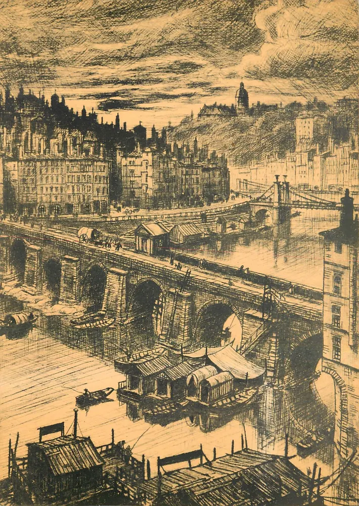 Der Saône-Brücke am Anfang des 19. Jahrhunderts — Kupferstich von Joannès Drevet, genannt « Le Maître du Vieux Lyon » — Editions « La Cigogne » - Vorderseite