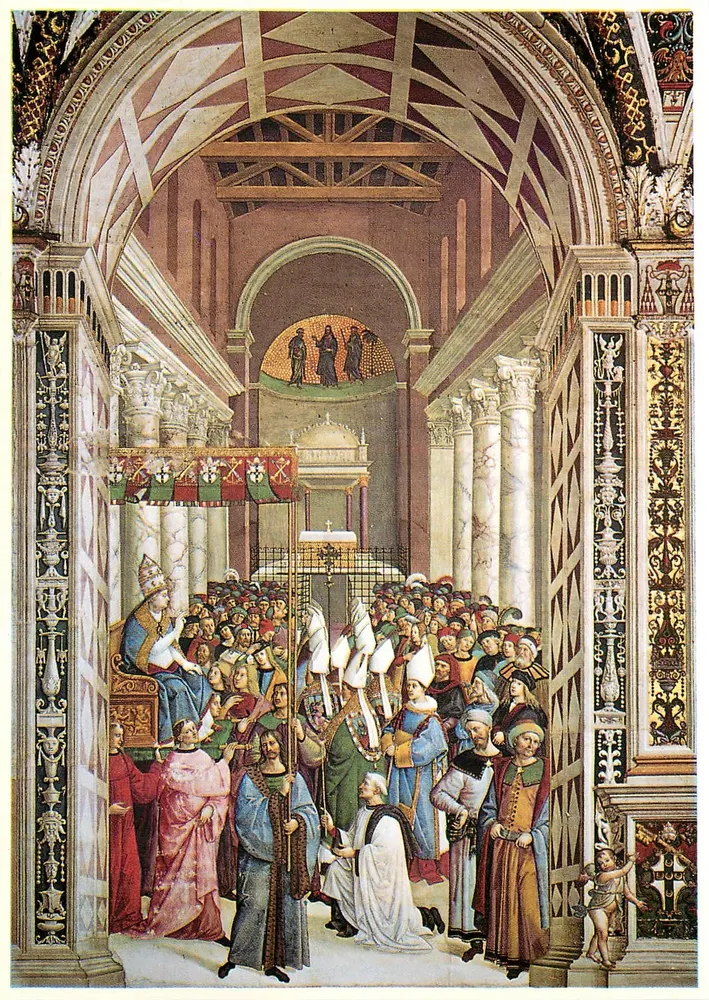 Enea Piccolomini consagrado papa com o nome de Pio II — Libreria Piccolomini nel Duomo di Siena — Editor U. Periccioli, Siena - Frente