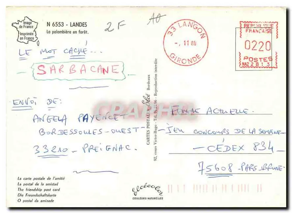 Palombière na floresta — Landes — Editor Elcée, n° 6553 - Verso