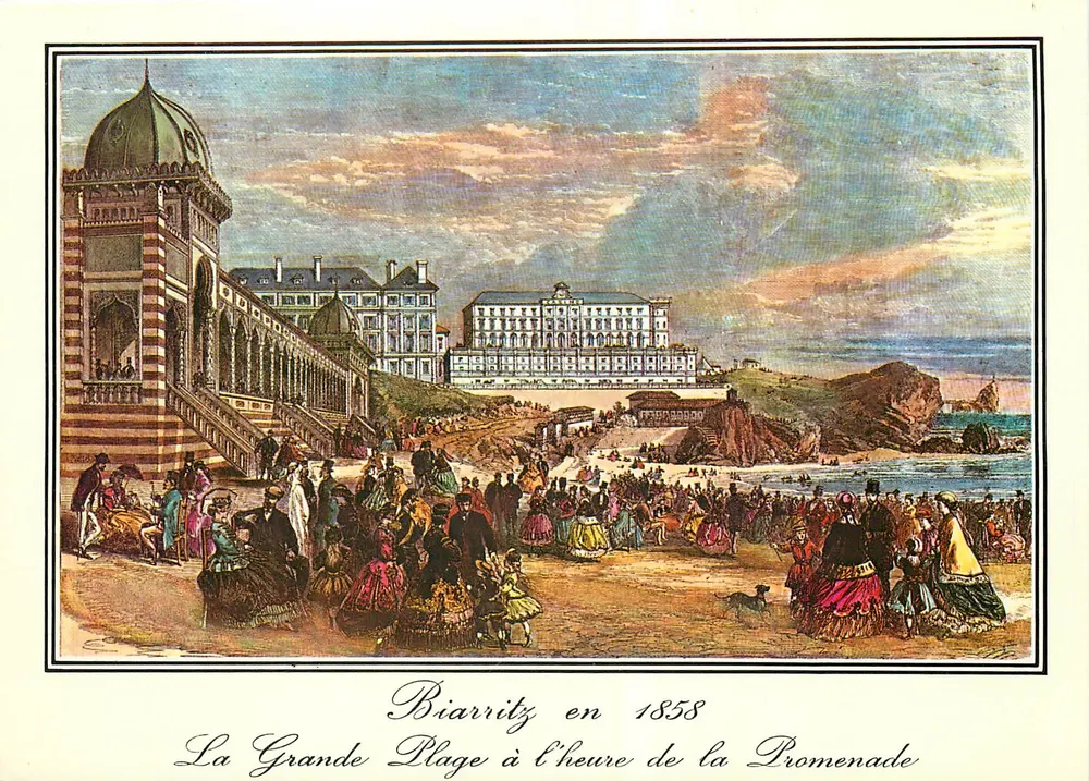 Biarritz nel 1858 — La Grande Plage all'ora della Promenade — Vecchie Incisioni di Francia - Recto