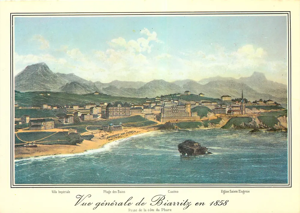 Visão geral de Biarritz em 1858 — tomada da costa do farol — Editor: Vieilles Gravures de Biarritz (64) - Frente