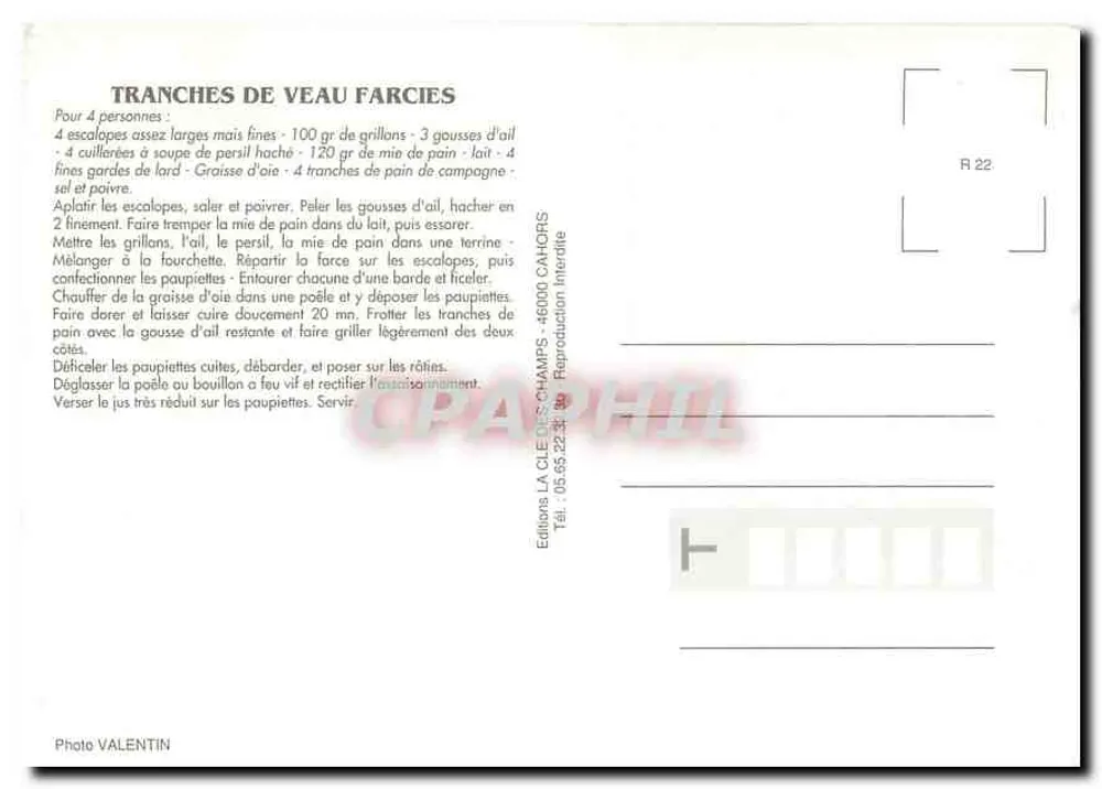 Fatia de veado recheado — receita — Edições LA CLE DES CHAMPS, n° R 22 - Verso