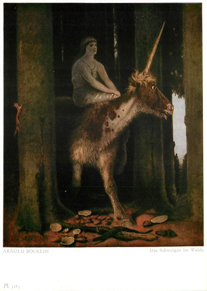 Um homem em cima de um unicórnio — cena florestal — Arnold Böcklin, n° 3283 - Frente
