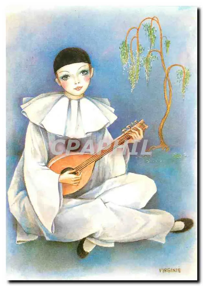 Młoda dziewczyna w białej sukni grająca na mandolinie — Virginie — seria 450/4 "Pierrot" — wydawca Abelle Cartes, Paryż - Awers
