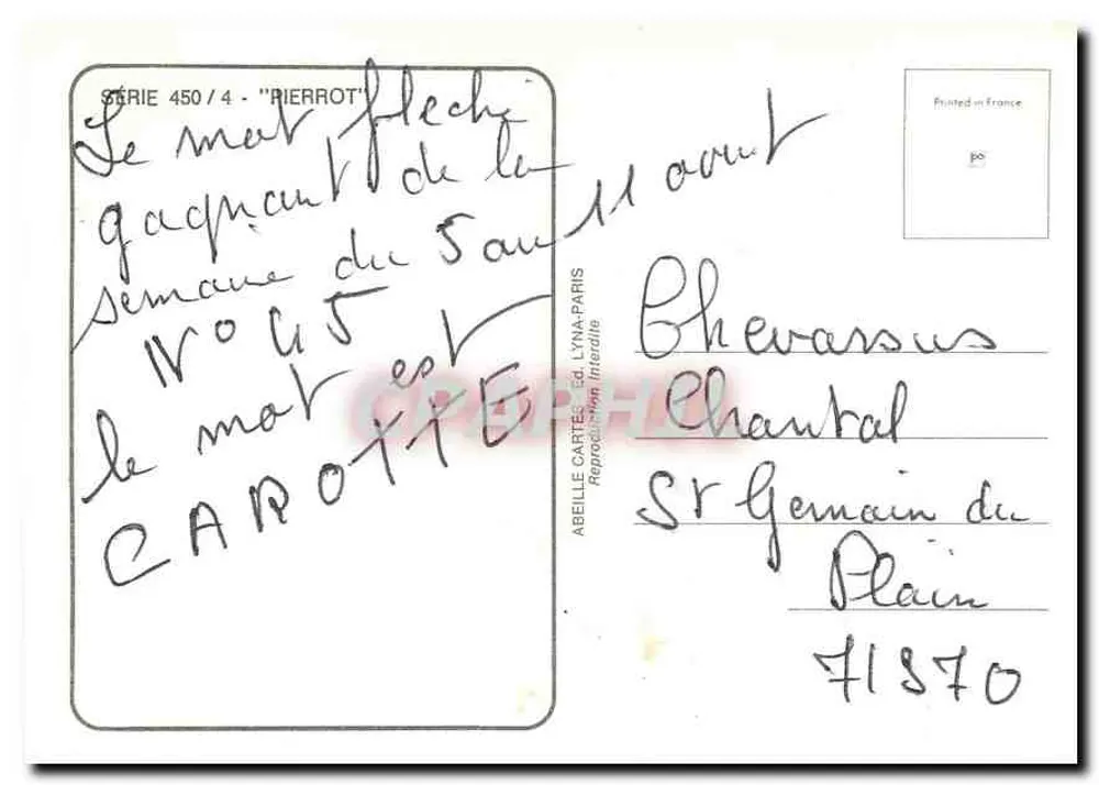 Młoda dziewczyna w białej sukni grająca na mandolinie — Virginie — seria 450/4 "Pierrot" — wydawca Abelle Cartes, Paryż - Rewers