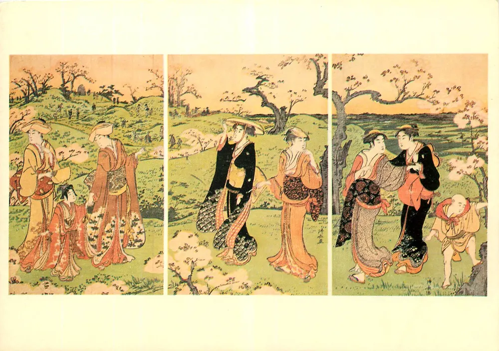 Ansicht des blühenden Kirschbaums in Asuka, Edo — Torii Kiyonaga — Verlag The Medici Society Ltd., London - Vorderseite
