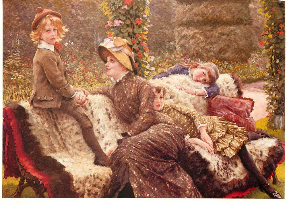 Familia en el banco del jardín — James Tissot, c.1882 — edición para la exposición Barbican Art Gallery 1984-1985 - Anverso