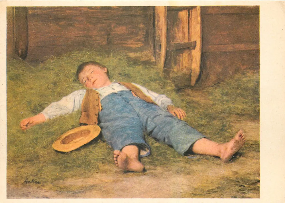 Menino dormindo na grama — obra de Albert Anker (1831-1910) — edição da coleção oficial de pinturas de Basileia - Frente