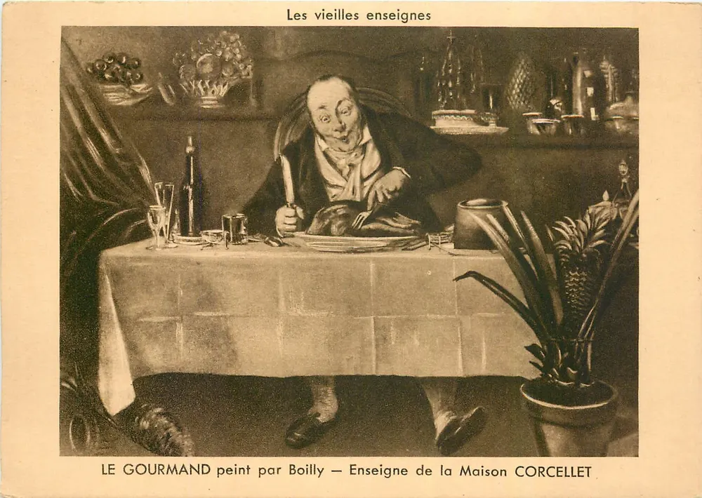 Le Gourmand — gemalt von Boilly — Wappen der Maison Corcellet - Vorderseite