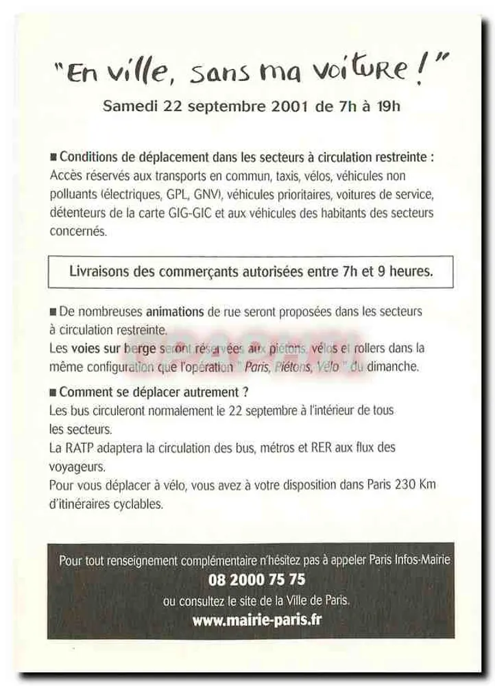 Operação «Na cidade, sem meu carro!» — Paris, sábado, 22 de setembro de 2001 — Prefeitura de Paris e RATP - Verso