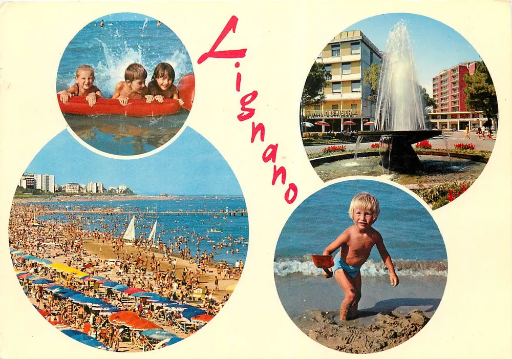 Lignano — widok plaży, fontanny i dzieci — wydawca nieodczytelny - Awers