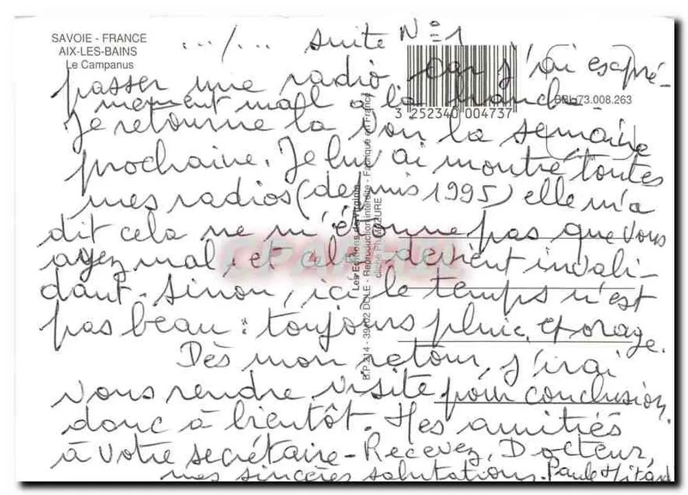 Aix-les-Bains — Arc romain et hôtel de ville — éditeur inconnu, série N°1 - Verso