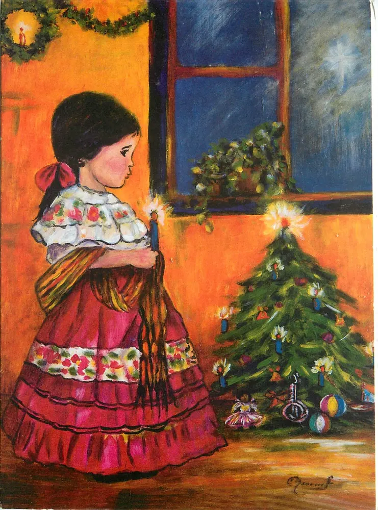 Menina em vestido tradicional perto de um abeto de Natal — pintura de Oscar — editor Associação Nossos Irmãos e Irmãs - Frente