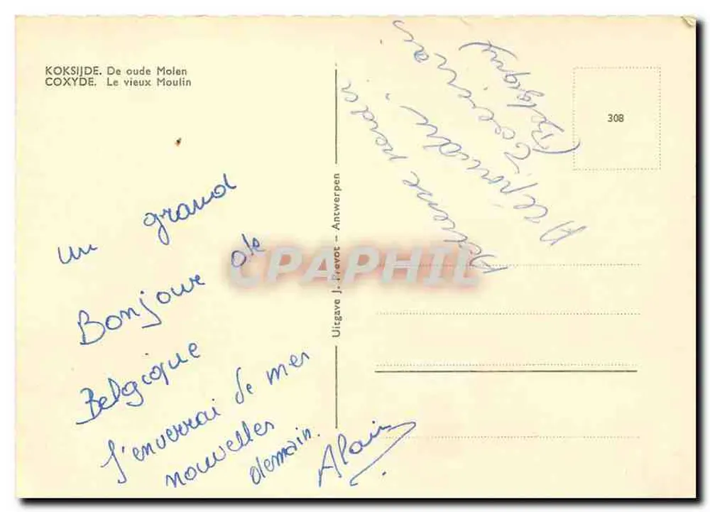 Koksijde - O velho moinho — editor Uligave J. Prevot, n° 308 - Verso