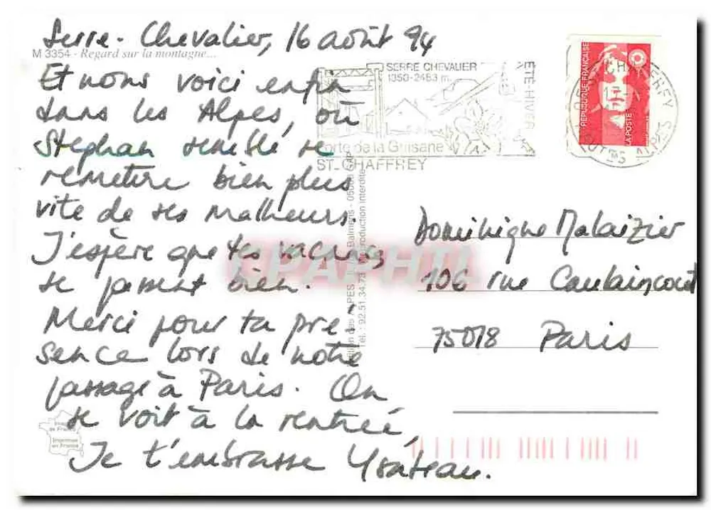 Visão da montanha — Serre Chevalier — editor R. Pilloue, n° M 3354 - Verso