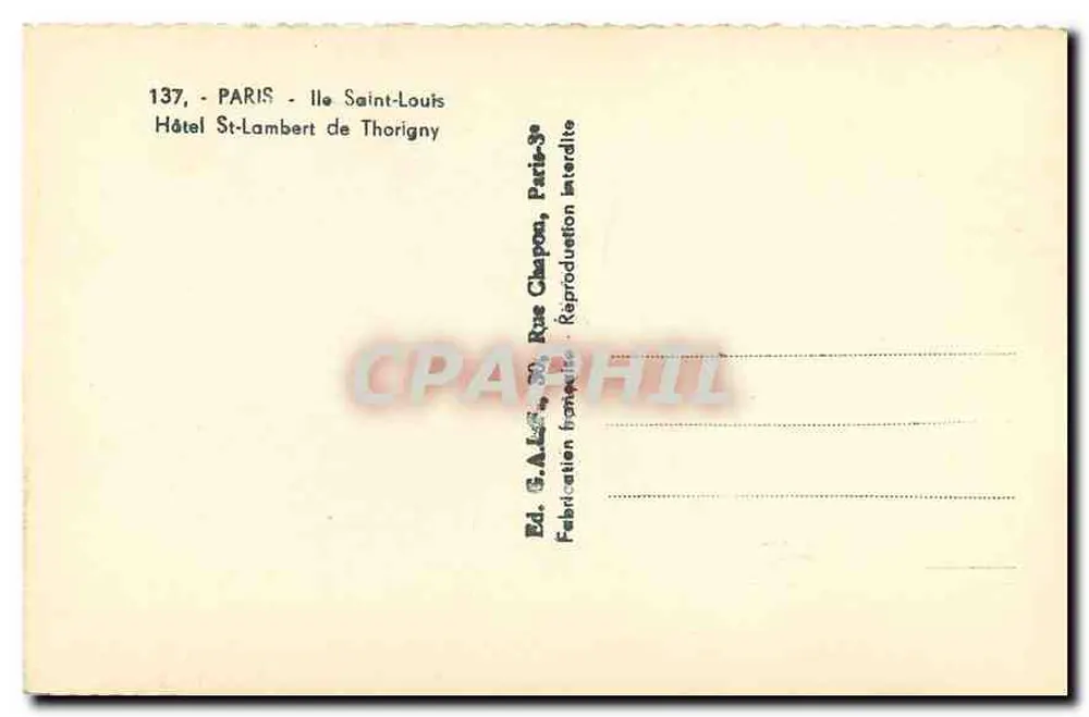 Hotel St-Lambert de Thorigny — Ilha Saint-Louis, Paris — Éd. G.A. Chapon, Paris-3e - Verso