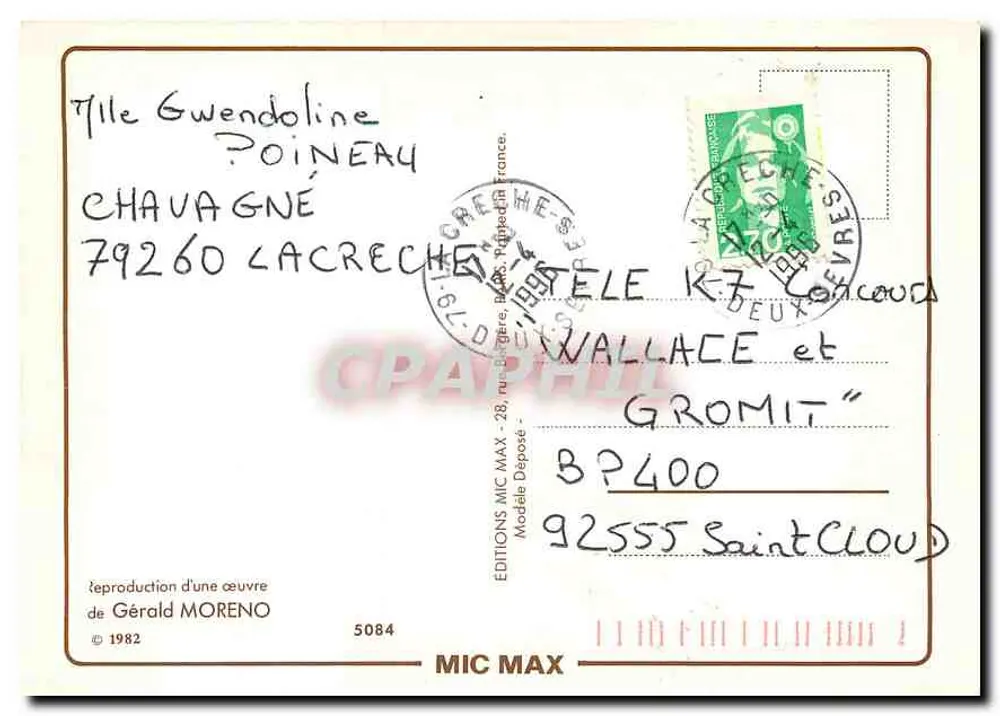 Kobieta z kapeluszem w kształcie muszli — reprodukcja dzieła Geralda Moreno — Wydawnictwo MIC MAX, nr 5084 - Rewers