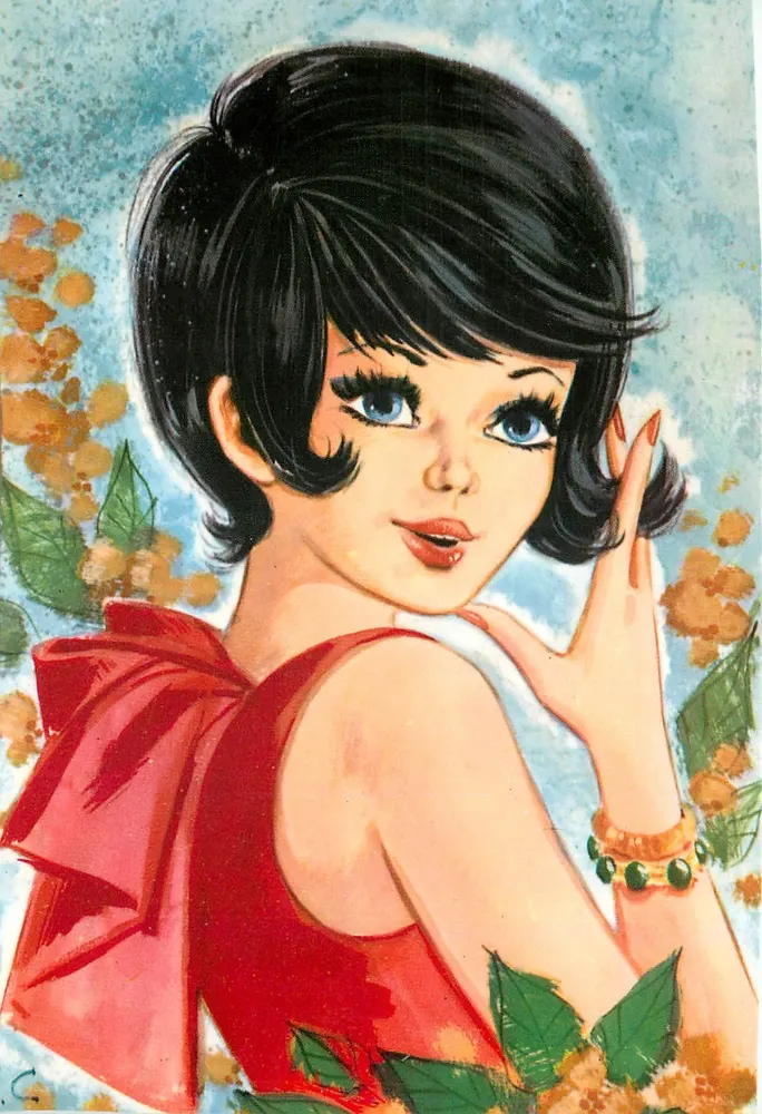 Jovem mulher com vestido vermelho — estilo 1960 — Rust Craft - Frente