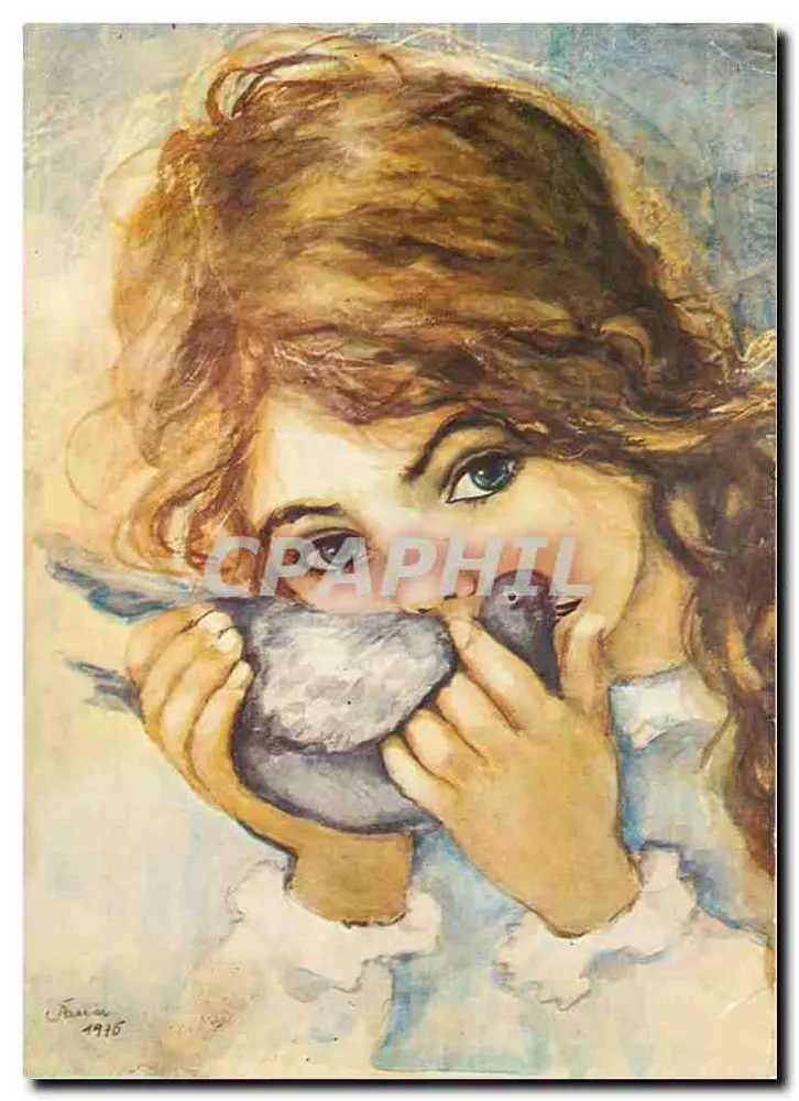 एक छोटी लड़की जो एक तोता धारण करती है — एक वॉटरकलर पेंटिंग — हस्ताक्षरित 'फारिया 1916' - आगे