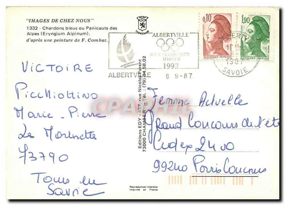 Chardons bleus ou Panicauts des Alpes (Eryngium Alpinum) — d'après une peinture de F. Combaz — Éditions EDY - Verso