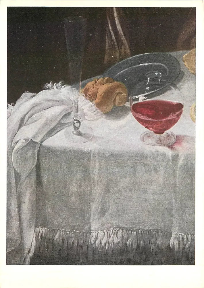 Nature morta — mesa com copo de vinho vermelho, pão doce e toalha bordada — Verlag Leo Fricker, n° 5483 - Frente