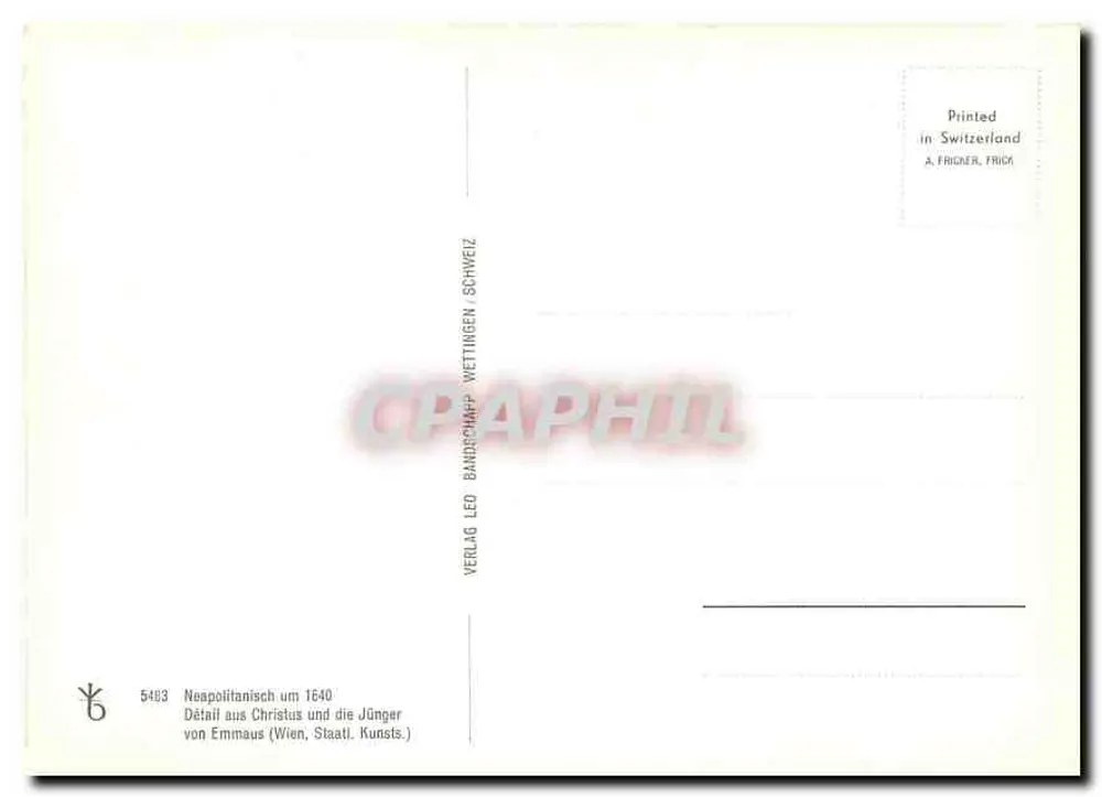 Nature morta — mesa com copo de vinho vermelho, pão doce e toalha bordada — Verlag Leo Fricker, n° 5483 - Verso