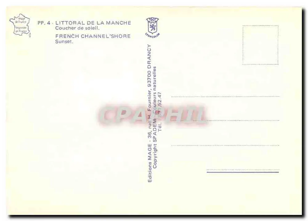 Pôr do sol — litoral da Manche — Éditions Fournier, 93700 Drancy - Verso
