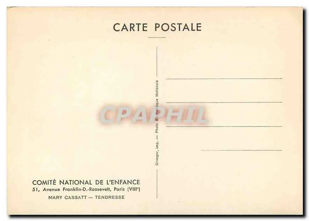 Mãe abraçando seu filho — ilustração — Comitê Nacional da Criança, Paris - Verso